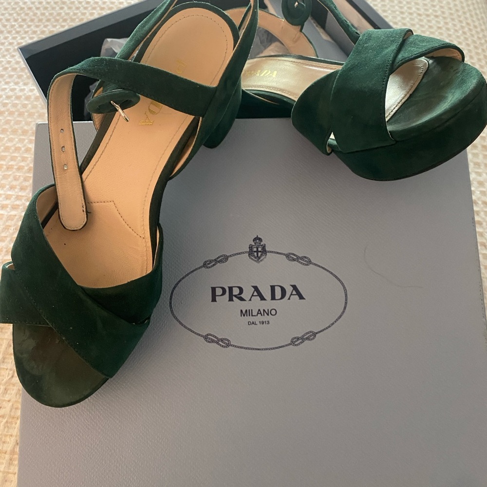PRADA Emerald Green Suede Strappy Sandals with Ankle Strap
